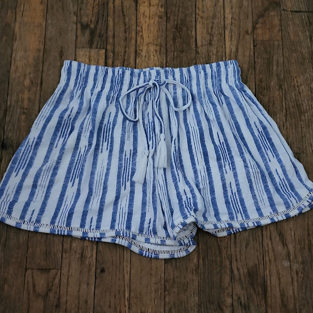 New! White Blue Striped Cotton Drawstring Lounge Sleepwear Shorts